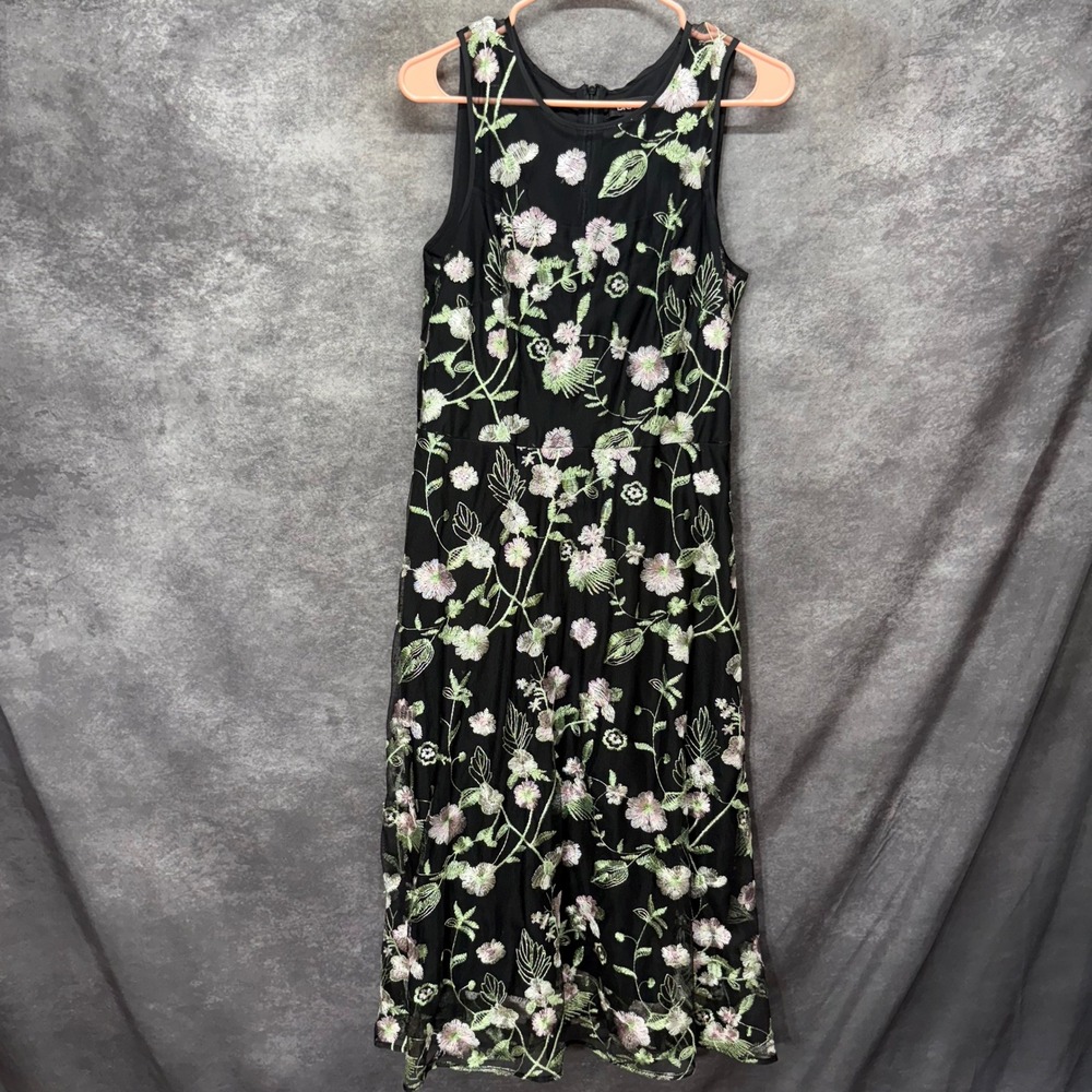 DKNY Black Floral Embroidered Mesh Midi Dress Size 8 Bloomcore Garden Party